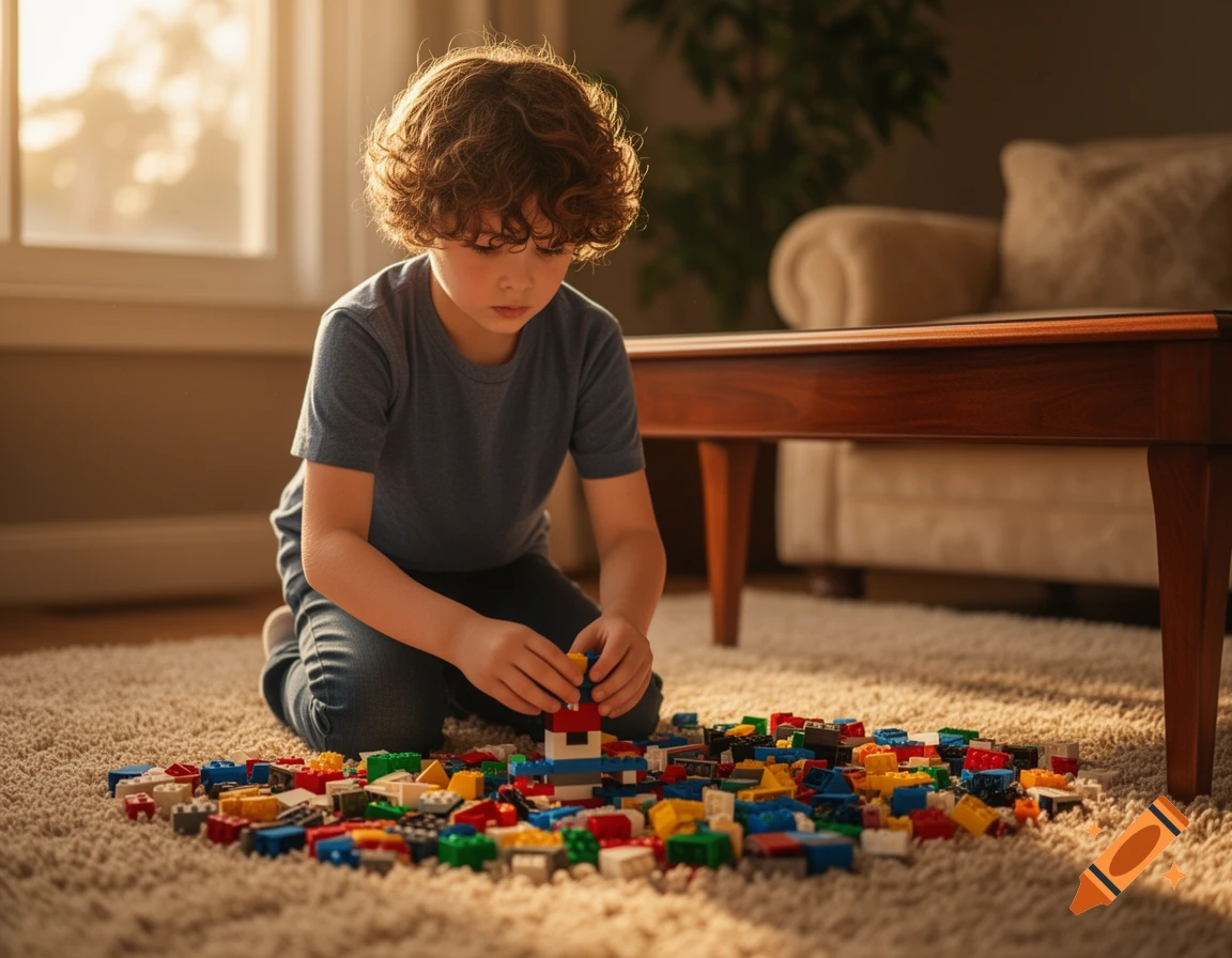 A young boy with curly hair kneels on a rug, building with colorful bricks in a sunlit room.