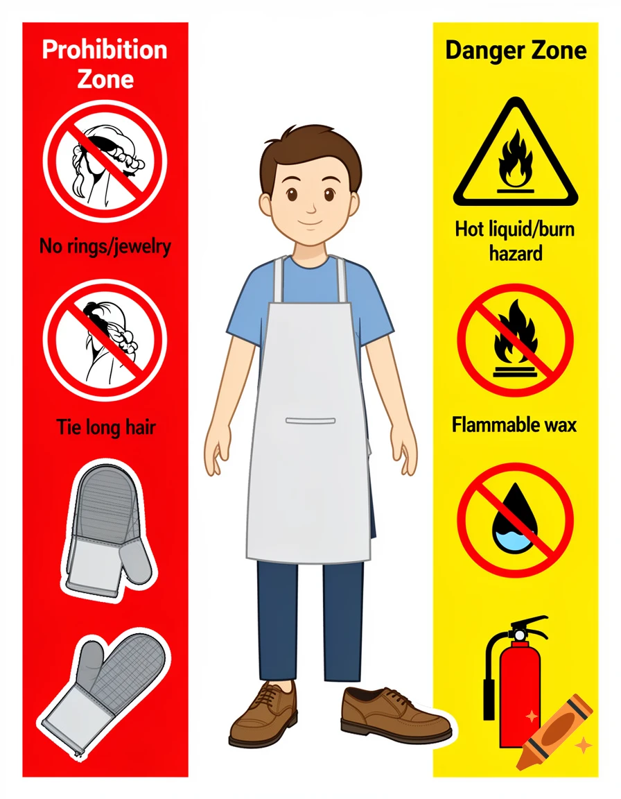 Educational safety infographic for candle making with a cartoon character, prohibition rules, and danger warnings.