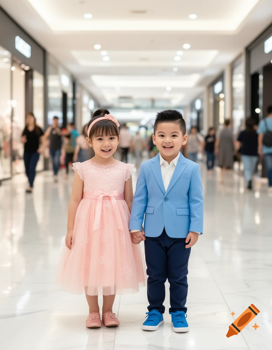 Two smiling children, a girl in a pink dress and a boy in a blue suit, hold hands in a bright shopping mall.