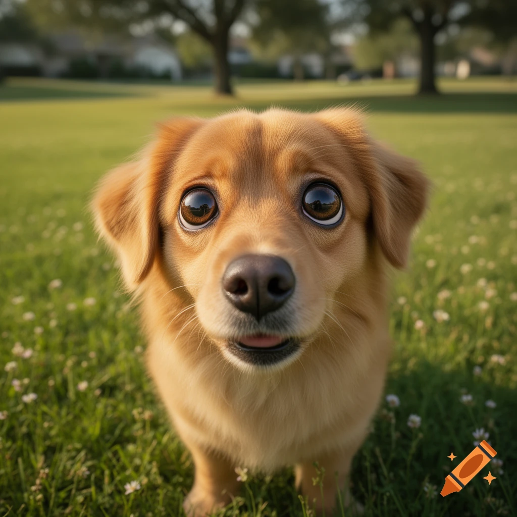 Close-up of a photorealistic golden-brown dog with huge, dark eyes looking directly forward in a sunny grassy field.