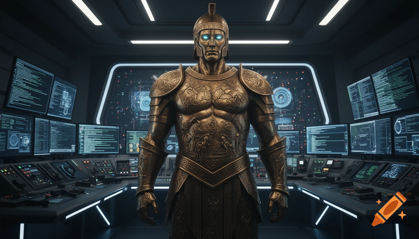 A bronzed statue of Talos with glowing blue eyes, wearing ornate armor, stands in a futuristic control room with multiple screens displaying code.