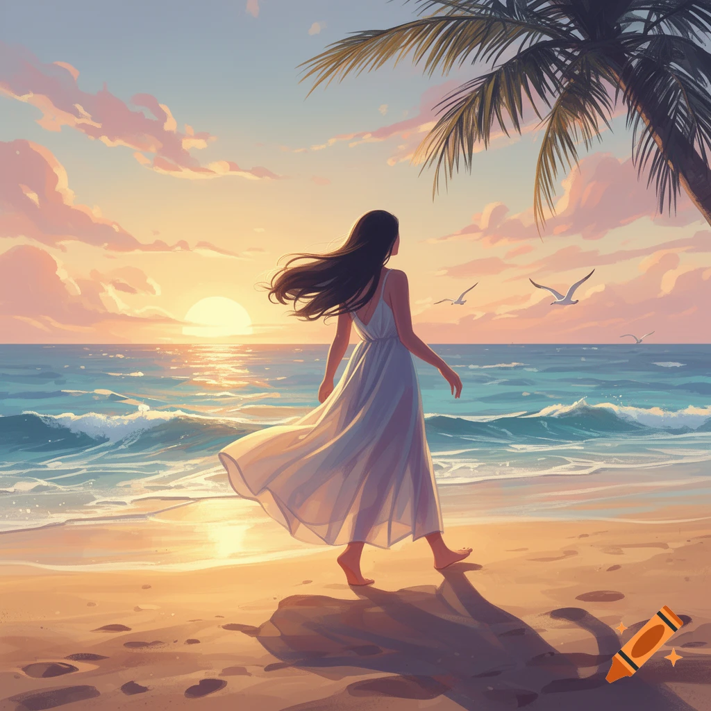Illustrated woman in a white dress walking on a beach at sunset with a palm tree.