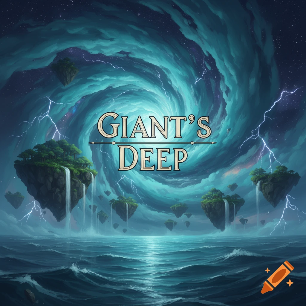 Dramatic blue and teal fantasy landscape with floating islands, waterfalls, a turbulent ocean, and a swirling storm in a starry sky, titled "GIANT'S DEEP".