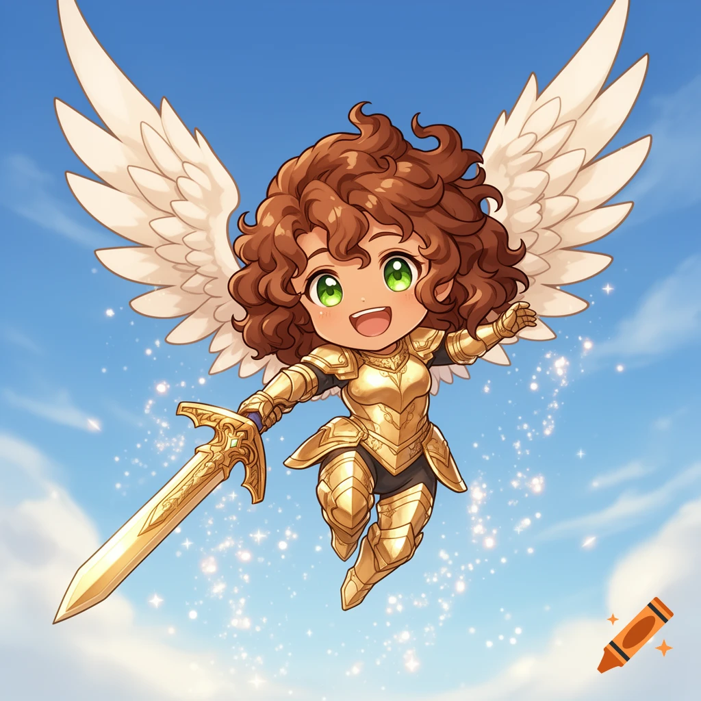 A cute chibi angel warrior with curly brown hair, green eyes, golden armor, and large white wings, flying in a blue sky and brandishing a golden sword.