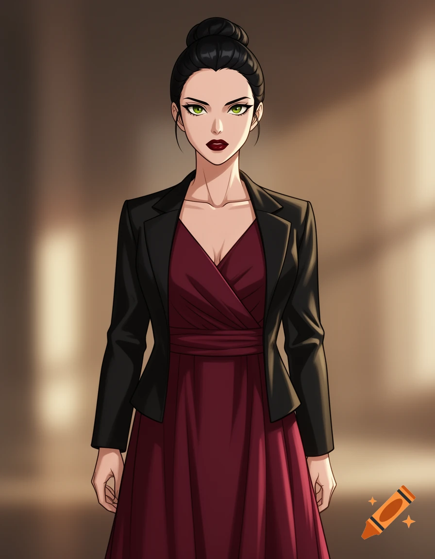 An anime woman with black hair in a bun, sharp olive green eyes, and dark red lips, wearing a long maroon dress and a black jacket.