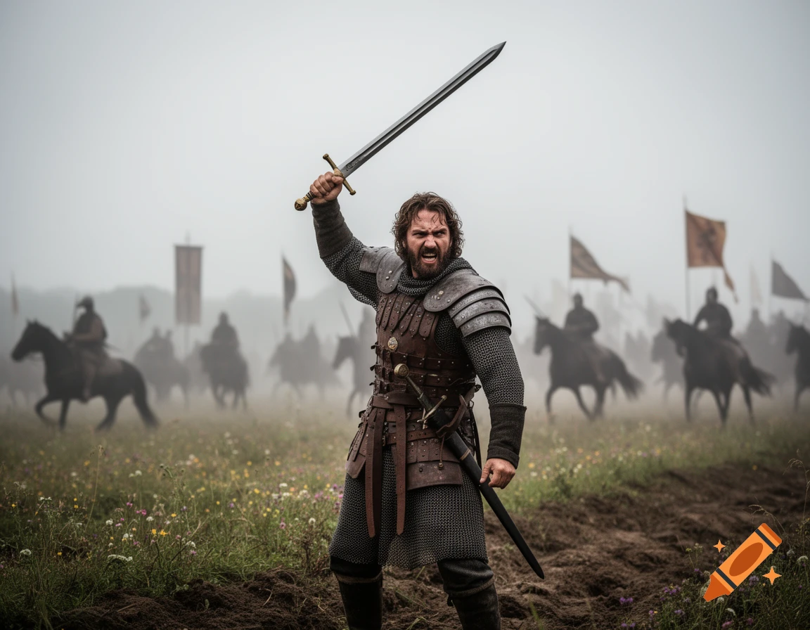 A furious warrior in medieval armor raises a sword high on a foggy battlefield, with mounted soldiers in the background.