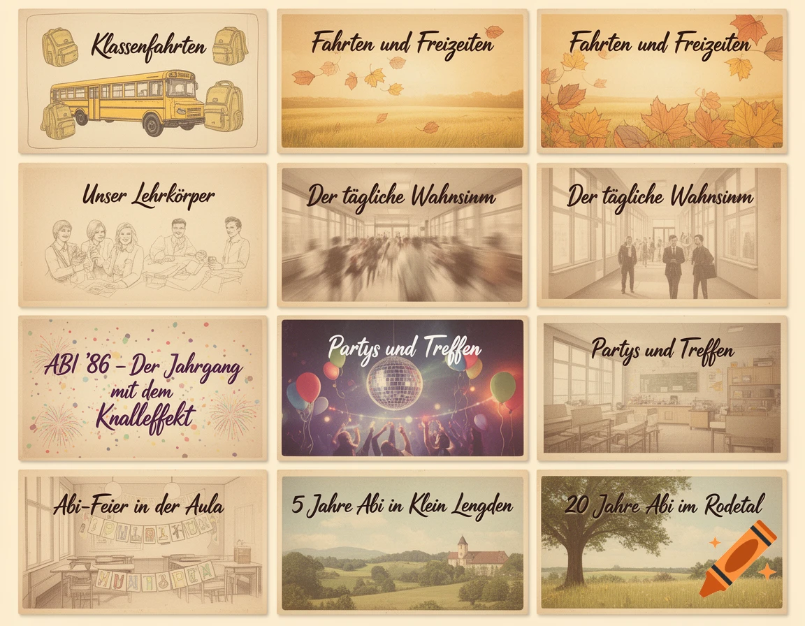 A grid of twelve vintage-style cards with German text titles and nostalgic illustrations, reminiscent of 1980s German yearbooks or postcards. Themes include school trips, faculty, daily school life, graduation parties, and reunions, featuring buses, autumn landscapes, classrooms, and a disco.