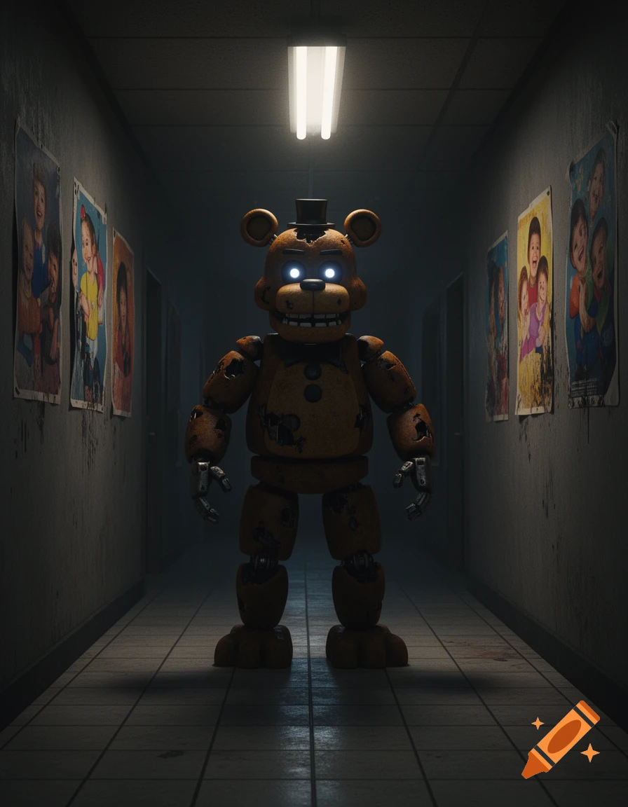 A menacing, rusty Freddy Fazbear with glowing eyes stands in a dimly lit, tiled hallway lined with blurred posters, under a bright fluorescent light.