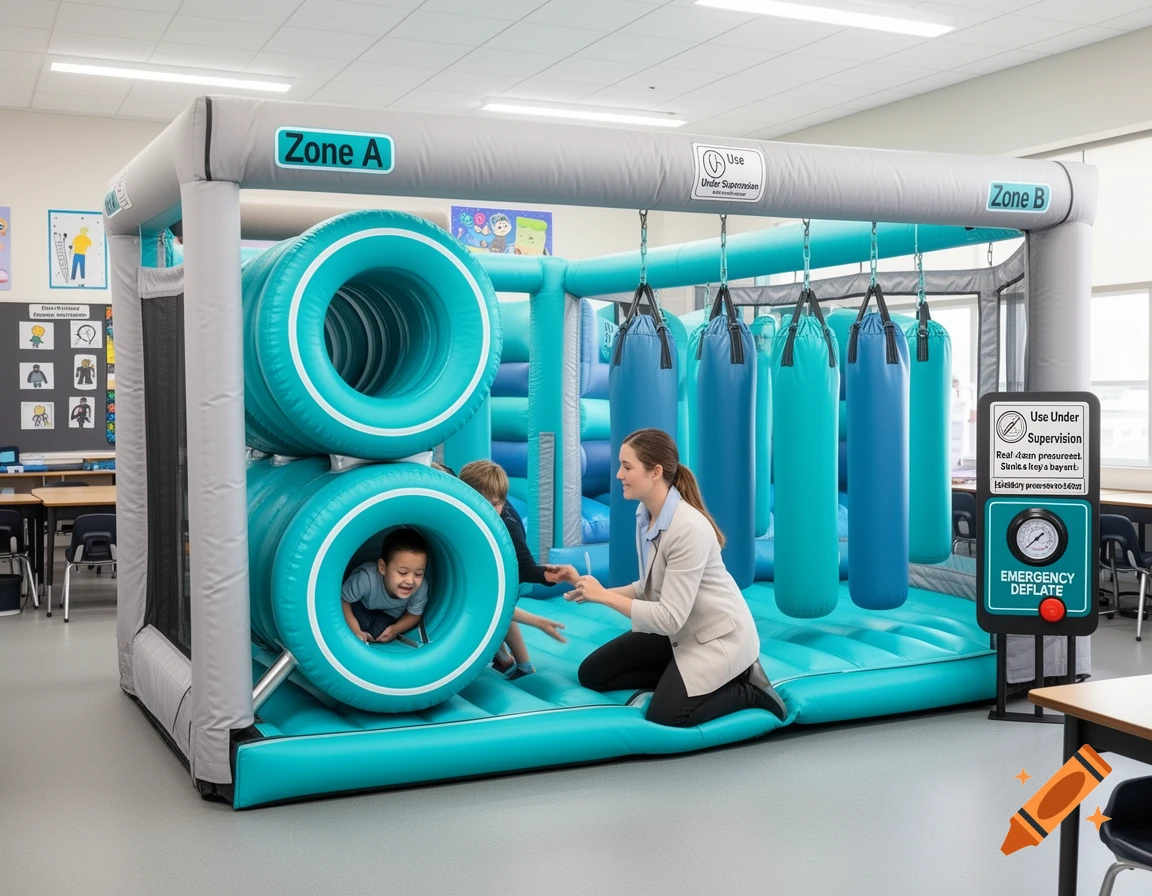 A teacher guides children inside a large, blue and gray inflatable sensory play structure with tunnels and punching bags in a classroom.