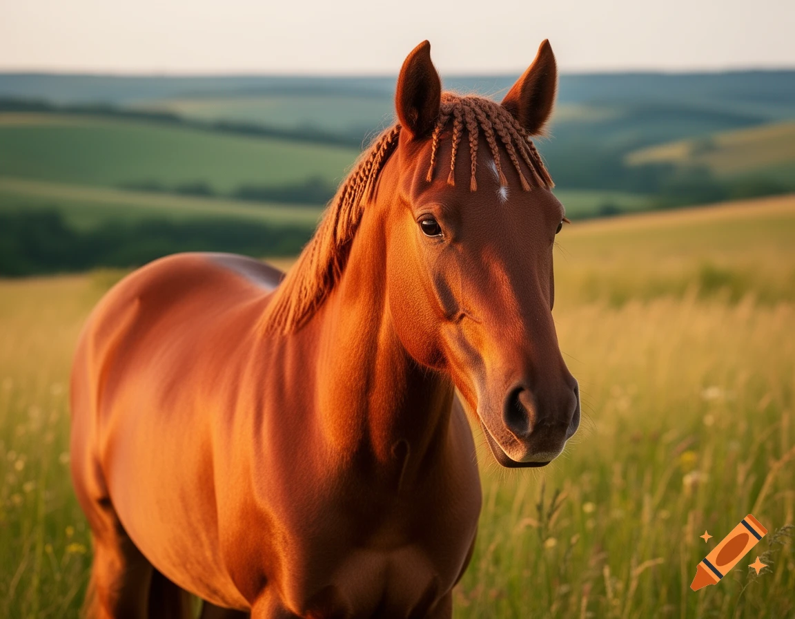 A photorealistic bay horse with a braided mane stands in a sunny grassy field with rolling hills.