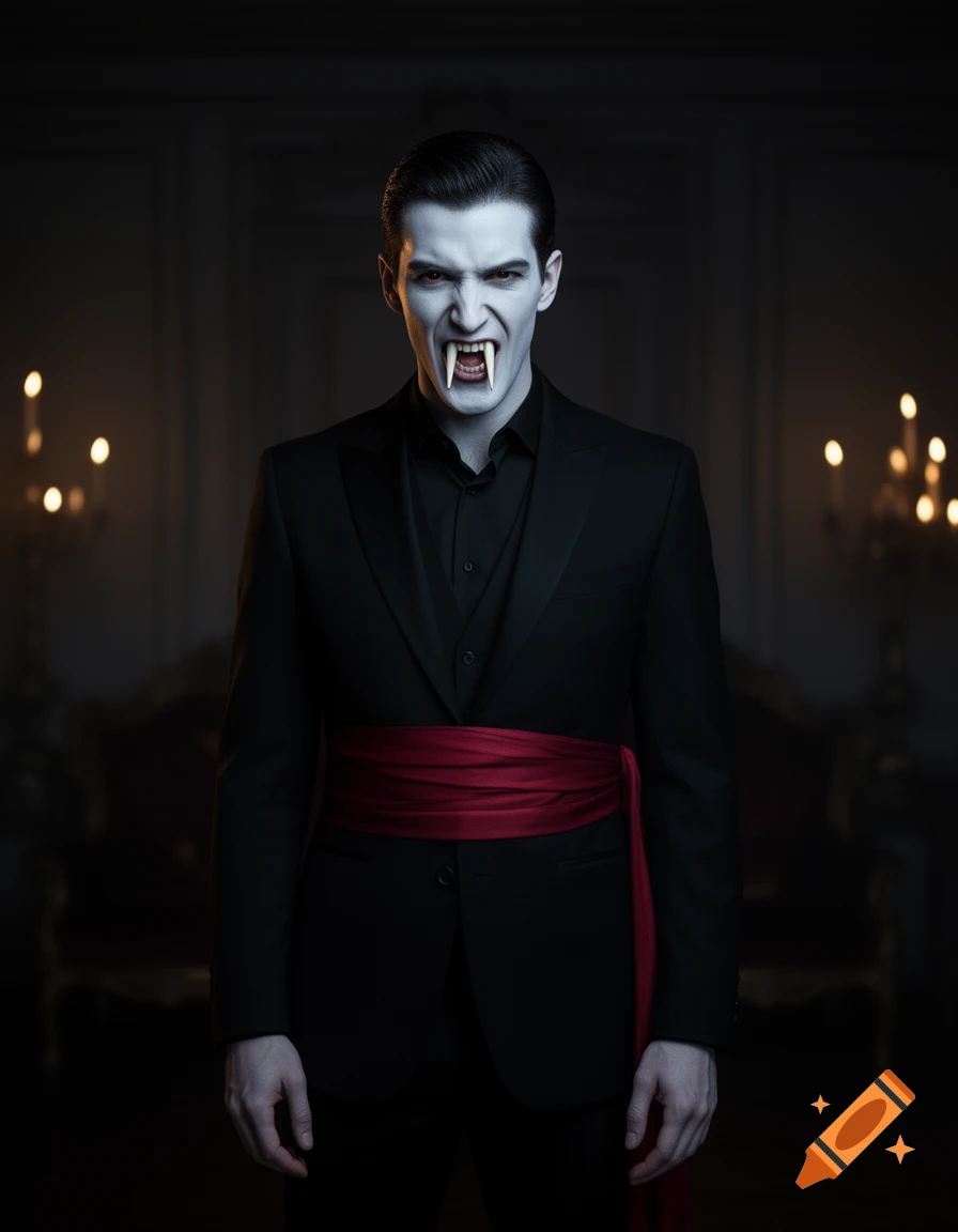 Photorealistic image of a snarling vampire man in a dark suit, red sash, showing long fangs, in a dimly lit ornate room.