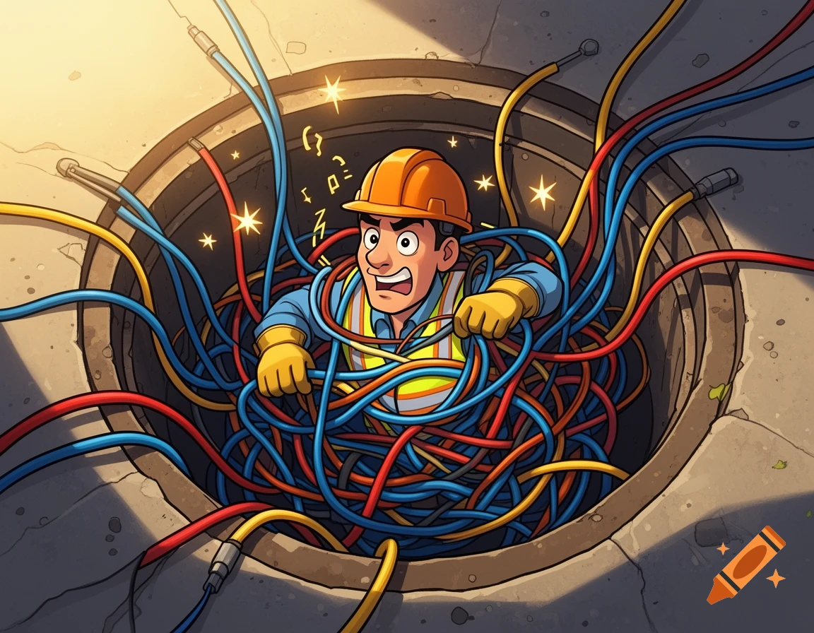 A cartoon fiber tech worker is tangled in a messy pile of colorful wires, peering out of a manhole with a confused expression.