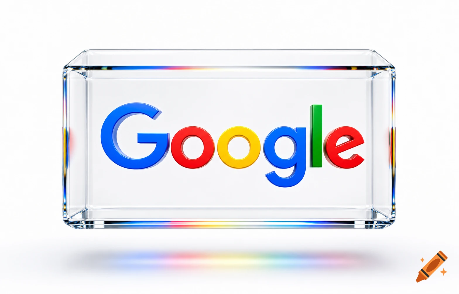 The colorful 3D Google logo is enclosed within a clear glass rectangular box, rendered photorealistically on a white background.
