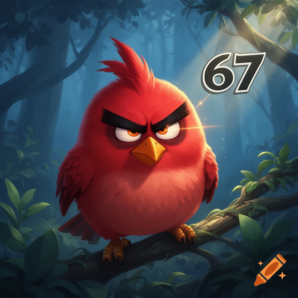 Angry Birds Red character, looking angry, perched on a branch in a dark forest, with the number 67 in the background.