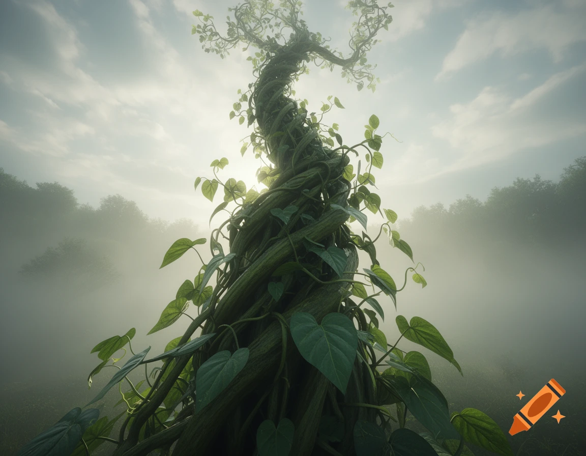 A towering, vine-covered beanstalk or tree rises into a bright, misty sky, with a hazy forest in the background, in a photorealistic style.