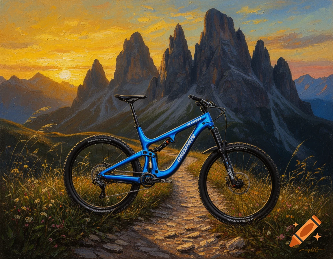 An oil painting of a blue full-suspension mountain bike on an alpine trail at sunset, with jagged peaks in the background.
