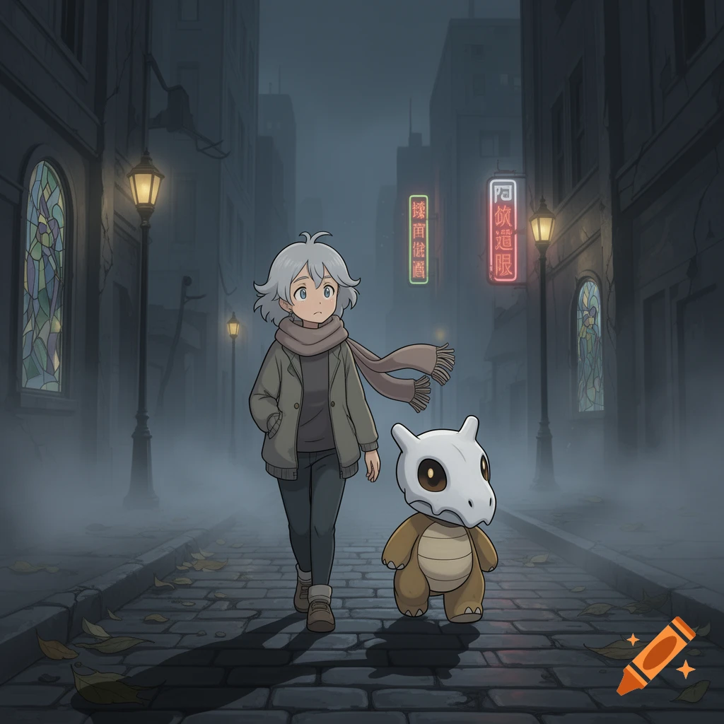 A cartoon of an anime girl with a Cubone Pokémon walking down a foggy, dark city street at night.