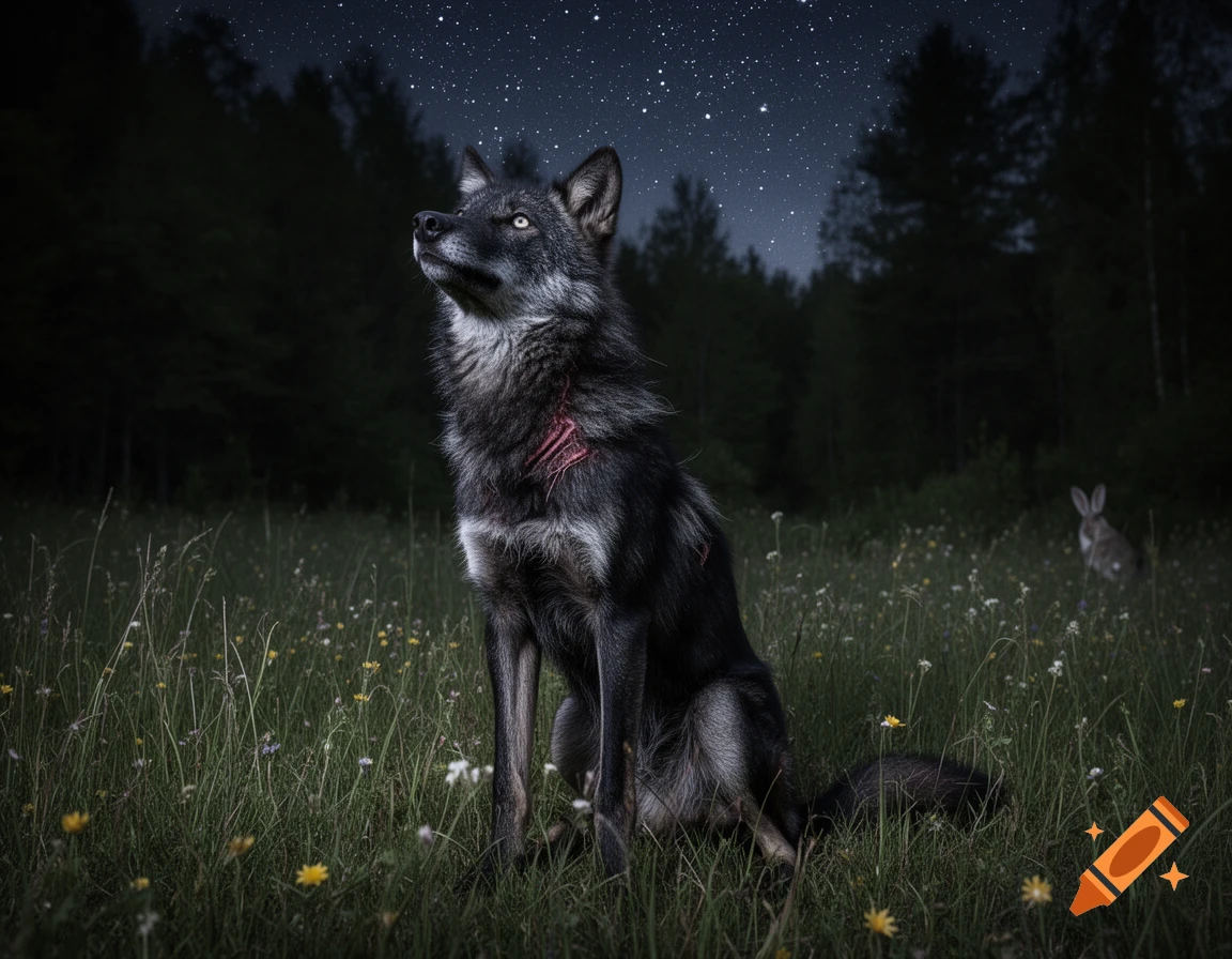 A black wolf with visible scars sits in a grassy field, looking up at a starry night sky, with a rabbit in the distant background. Photorealistic style.