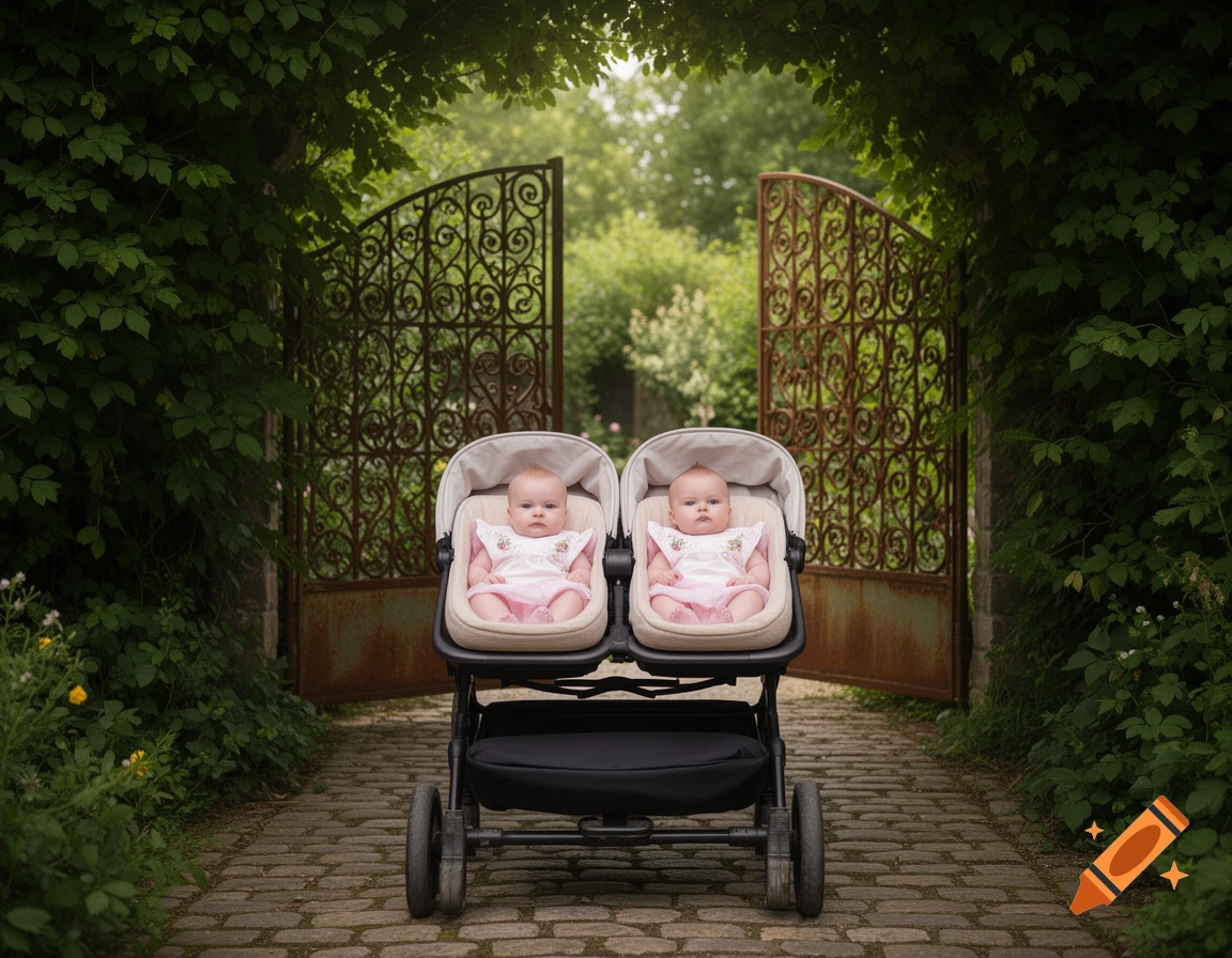 Two infant twins in a double stroller on a cobblestone path, framed by green foliage and an ornate open gate.