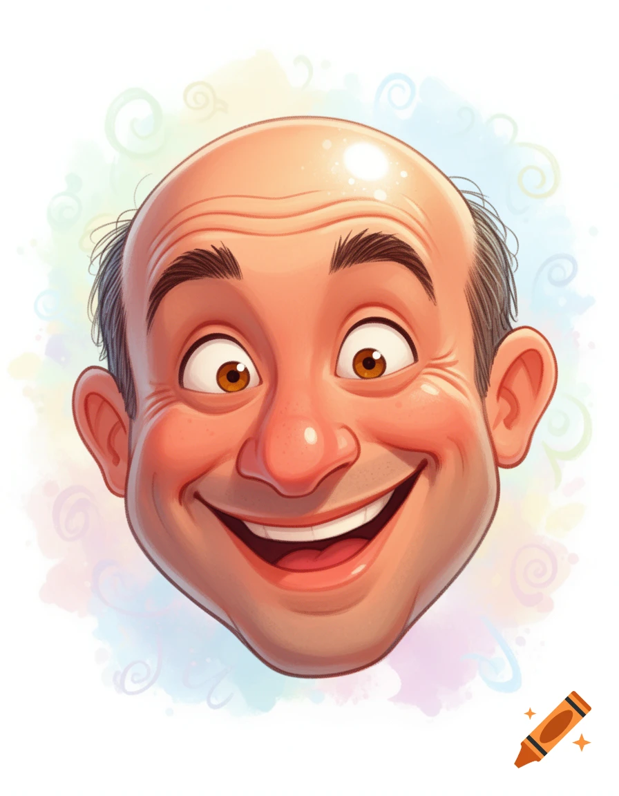 Cartoon portrait of a smiling bald man with rosy cheeks and bright eyes, on a pastel swirled background.