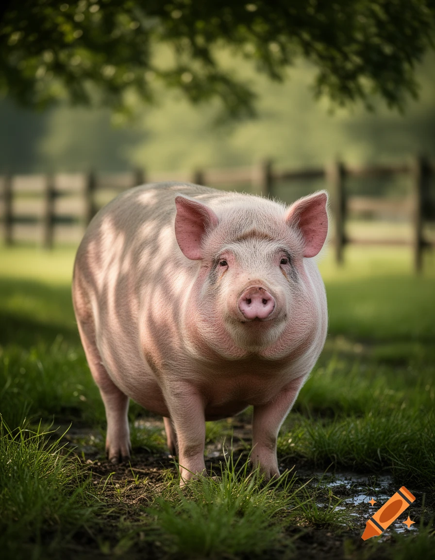 A pink pig stands in a grassy field with trees and a wooden fence in the background, looking directly at the viewer.