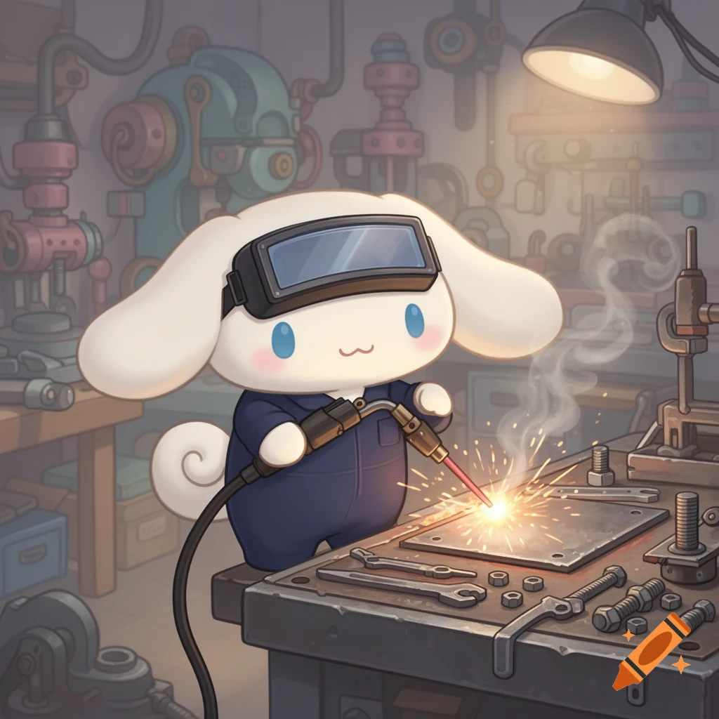 Cartoon Cinnamoroll in a blue jumpsuit and welding mask, welding metal in a detailed workshop.
