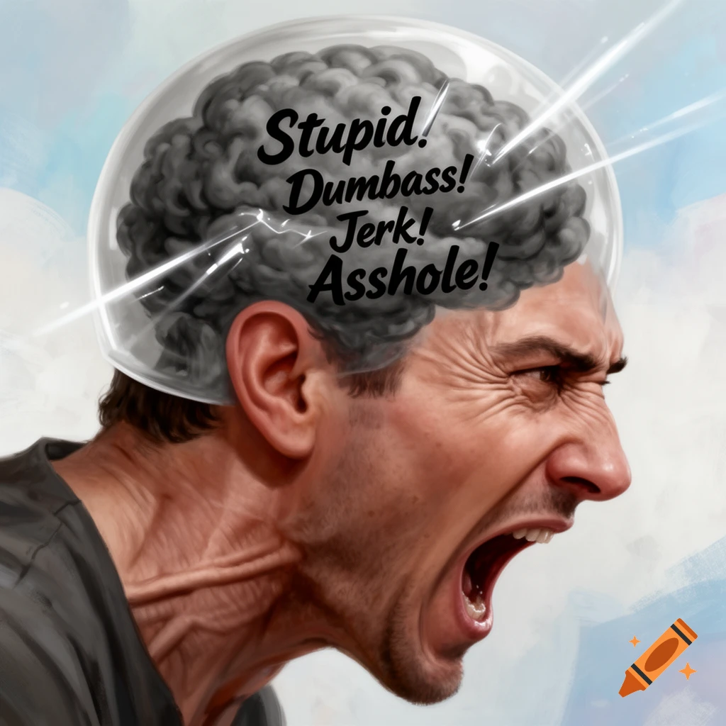 Illustration of an angry man yelling, with self-critical thoughts 'Stupid! Dumbass! Jerk! Asshole!' shown in his brain.