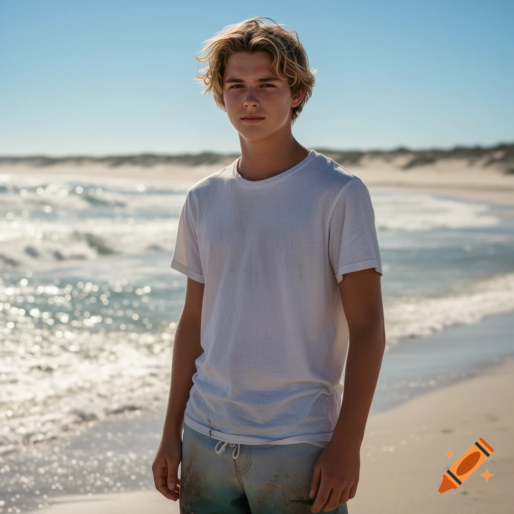 A photorealistic portrait of a young man with blond hair, standing on a sunny beach with ocean waves behind him.