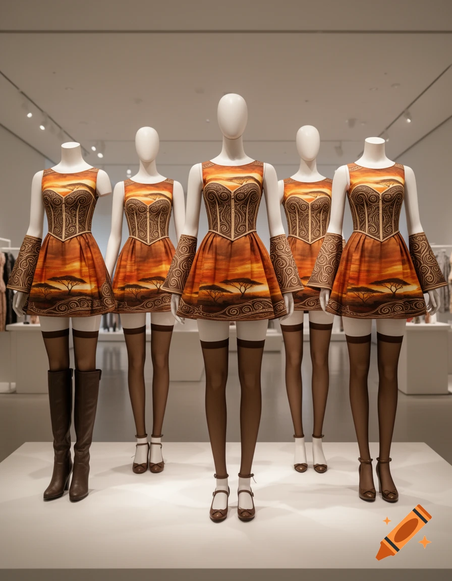 Five headless mannequins in orange dresses with African savanna prints and decorative tops, displayed in a bright exhibition space.
