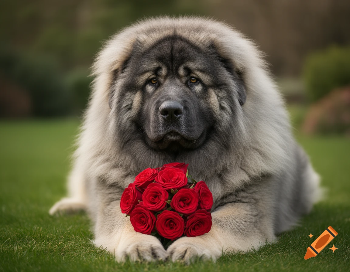 A fluffy Caucasian Ovcharka dog lies on green grass, gently holding a bouquet of red roses towards the viewer. Photorealistic.