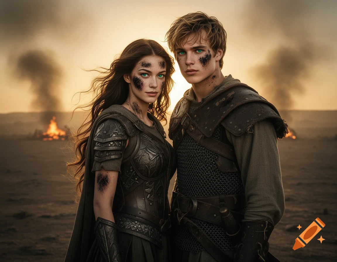 A man and woman in battle-worn fantasy armor, with dirt on their faces, stand in a desolate, fiery landscape at sunset.