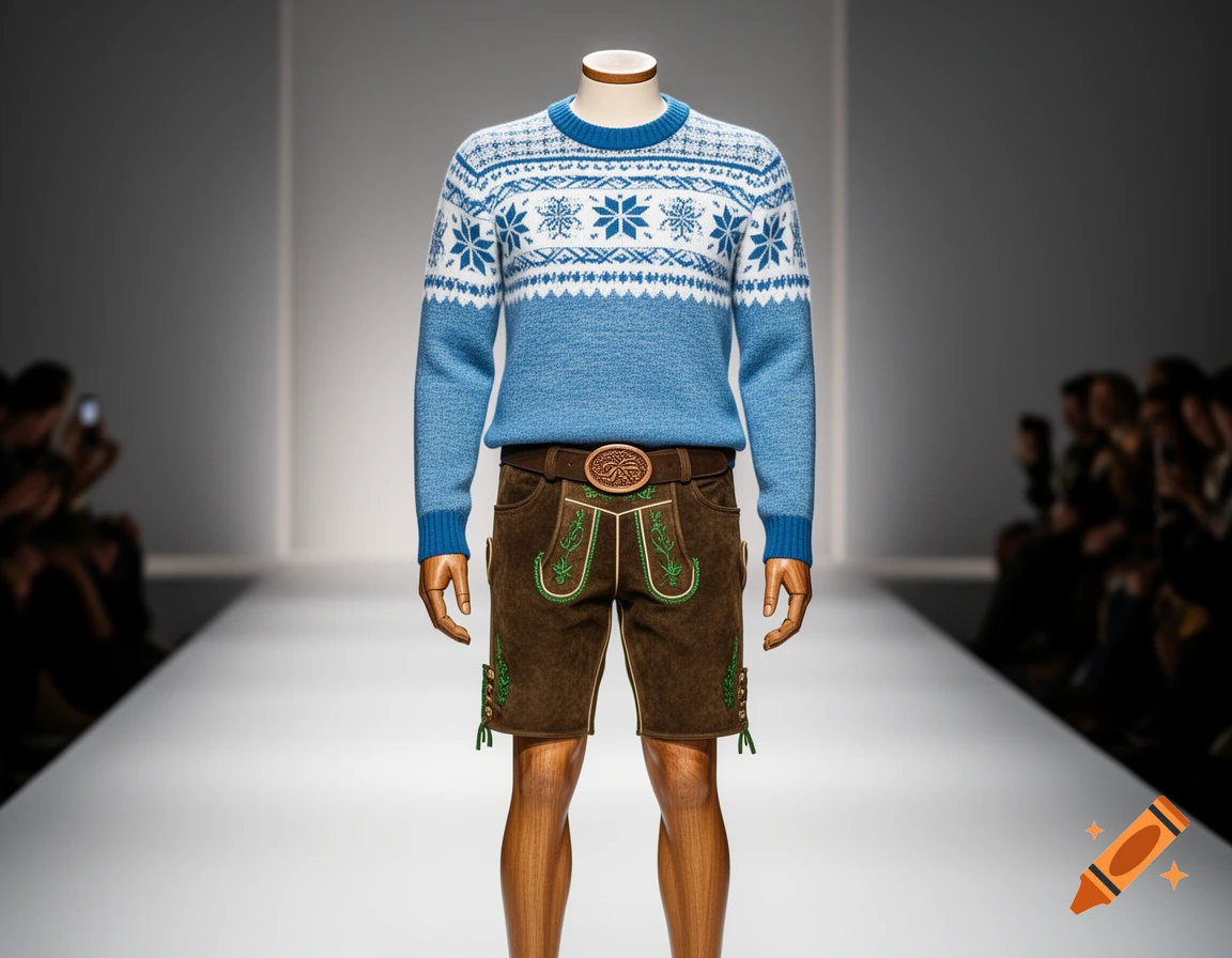 A headless wooden mannequin on a runway, wearing a blue and white snowflake sweater, brown lederhosen, and a decorative belt, with a blurred audience in the background.
