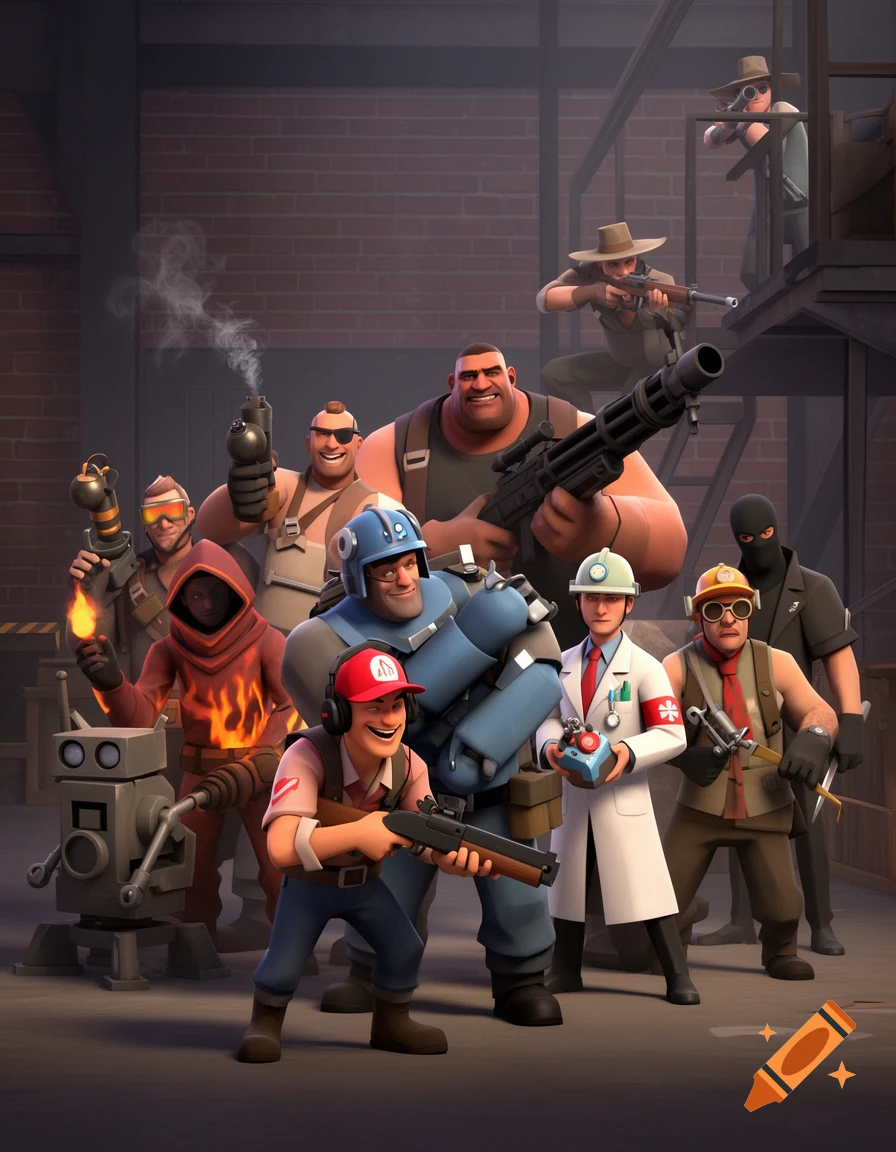Stylized group portrait of nine Team Fortress 2 characters, including Scout, Heavy, Medic, and Sniper, standing with weapons.