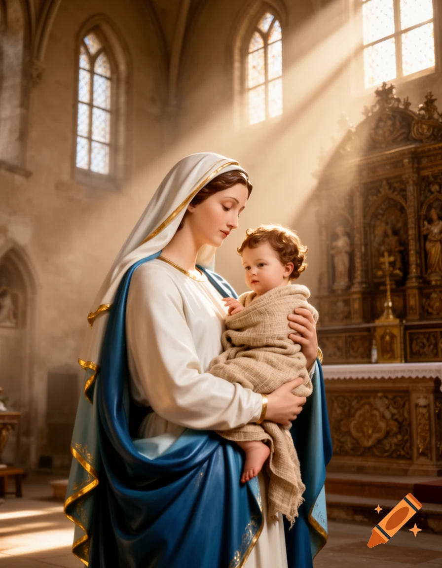 Virgin Mary holding Baby Jesus inside a grand cathedral, bathed in sun rays through arched windows, in a photorealistic style.