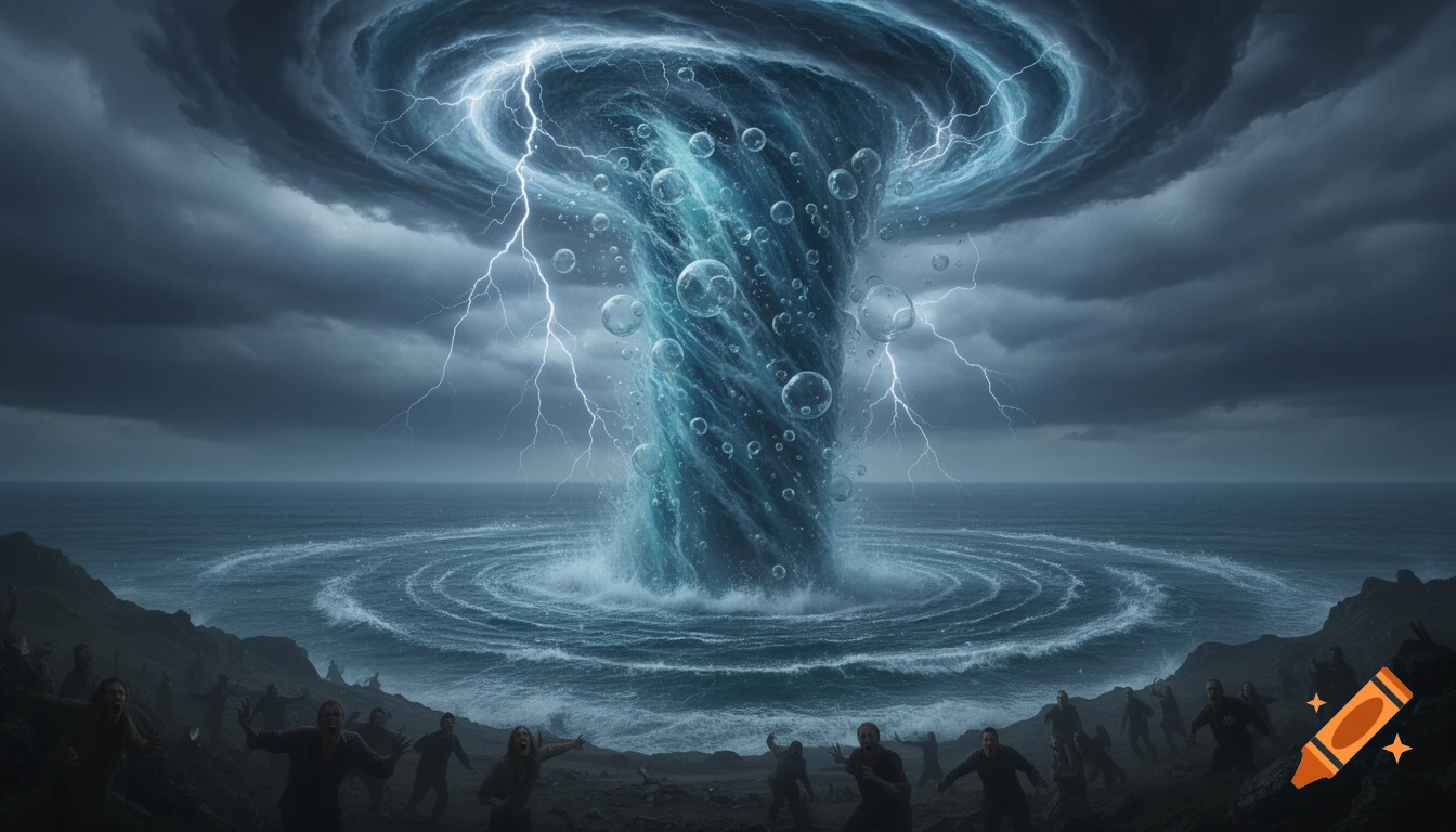A colossal water tornado with lightning and bubbles rises from a stormy ocean. People flee in terror on a dark, rocky coastline.