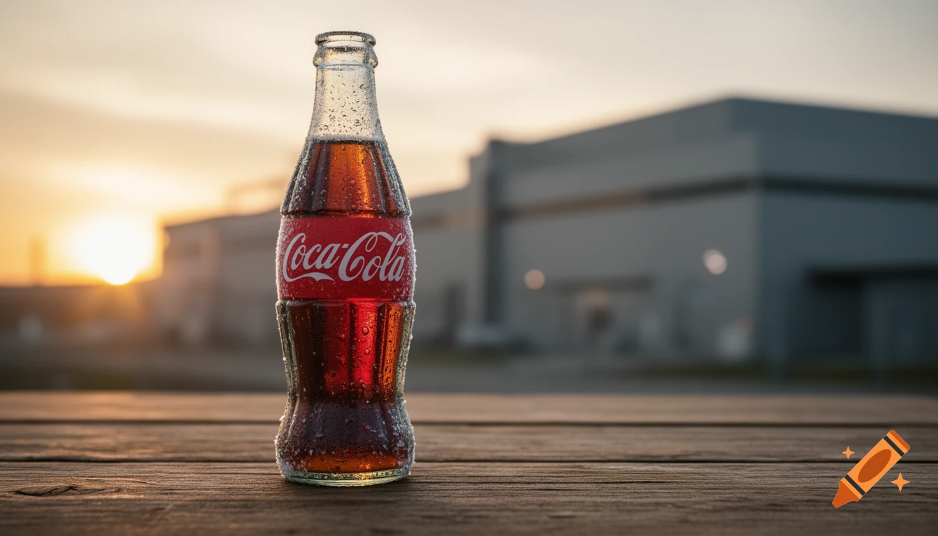 A photorealistic, condensation-beaded Coca-Cola glass bottle sits on a rustic wooden table at sunset with a blurred factory in the background.