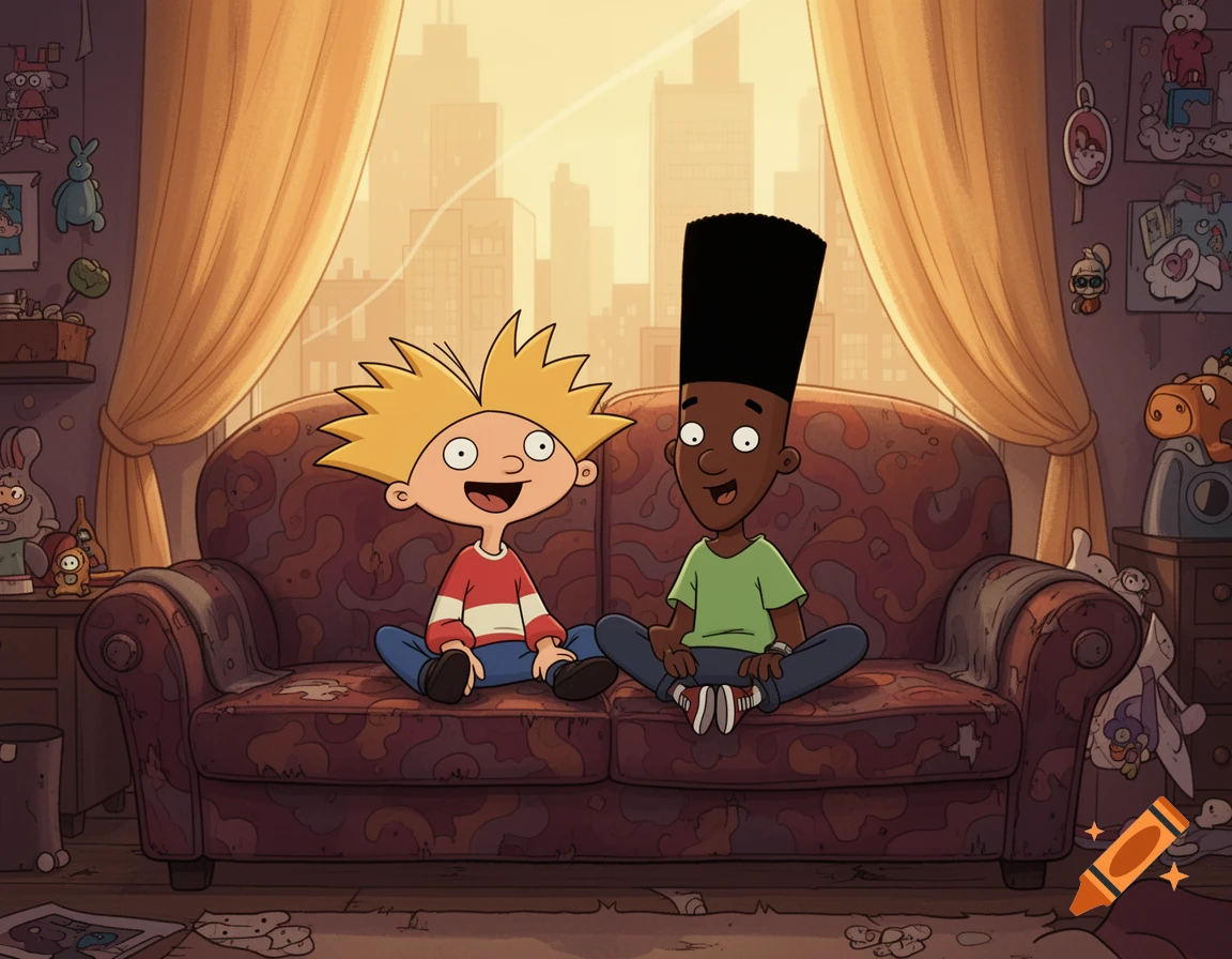 Arnold and Gerald from Hey Arnold! sit on a red couch in a cozy room with a city view.