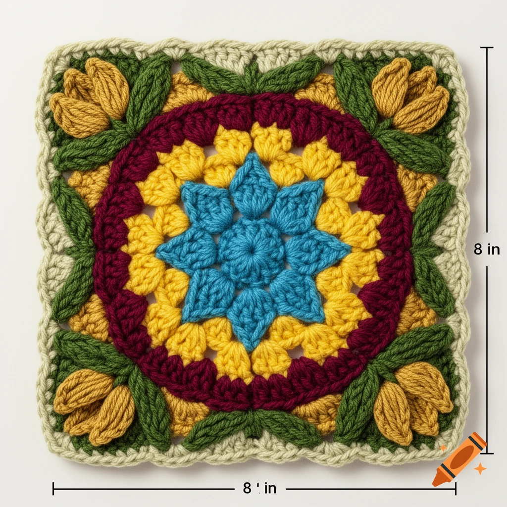 A colorful crocheted granny square, designed with a central blue star surrounded by yellow and burgundy stitches, and green leaves and mustard-yellow tulip shapes along the edges. Measurement lines indicate it is 8 inches.