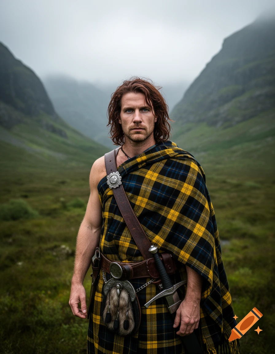 A serious man with long red hair wears a traditional yellow and black tartan kilt and cloak, standing in a misty, green mountain valley.