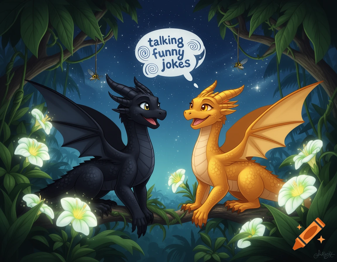 A cartoon black and a golden dragon sit on a tree branch in a nighttime jungle, with a speech bubble saying 'talking funny jokes'.