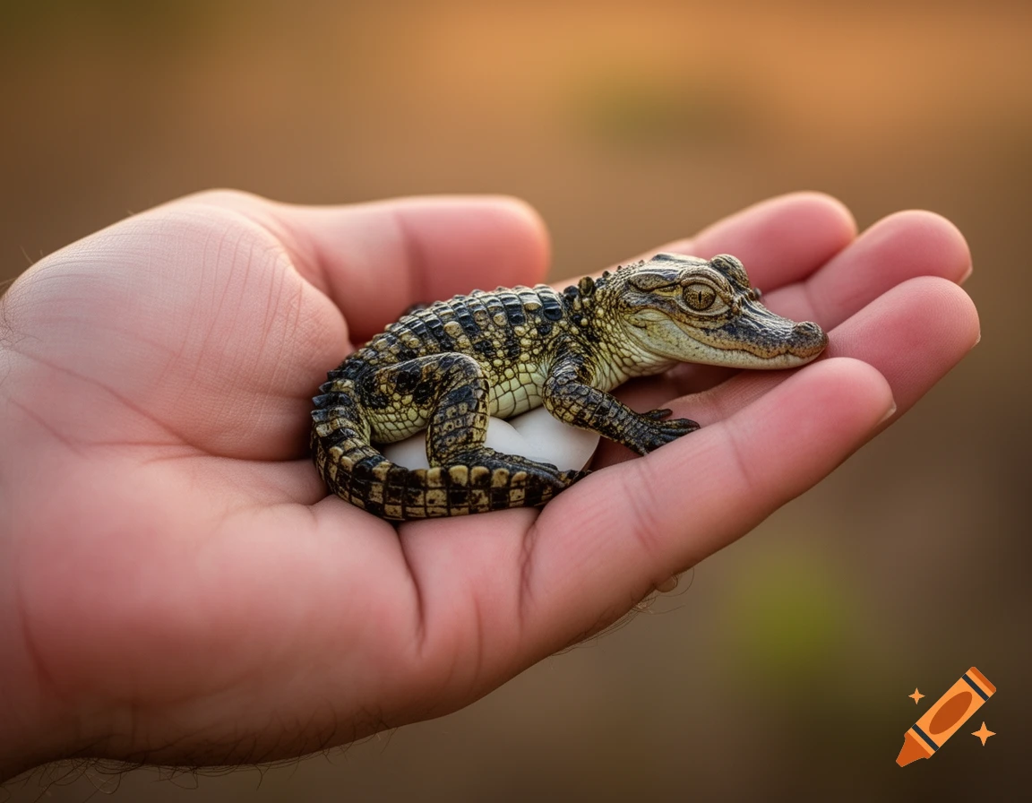 A tiny, freshly hatched baby alligator with textured scales, curled up on a person's open palm, looking toward the right. Photorealistic.