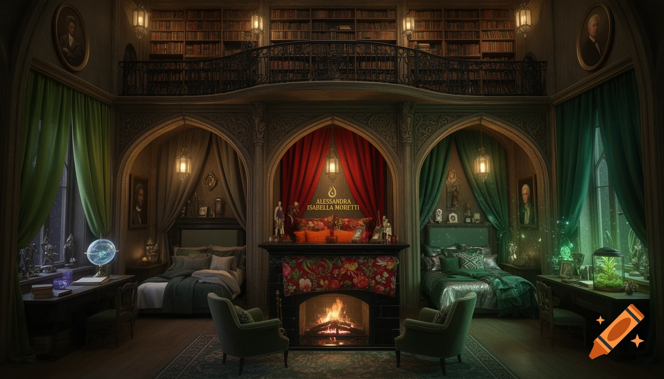 A grand, magical fantasy room with a library mezzanine, three alcoves with beds, a central fireplace, and desks with glowing artifacts.