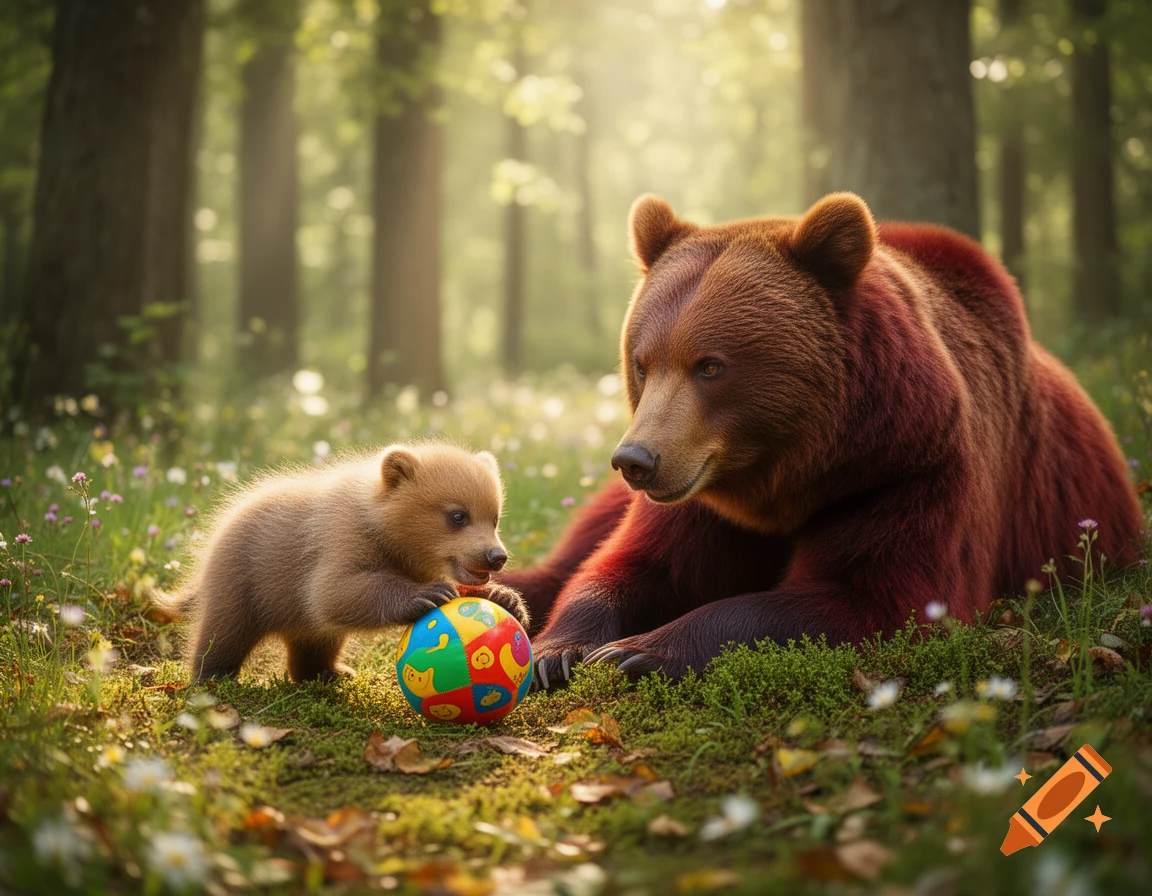 A mother bear and cub playing with a colorful ball on a sunny forest floor.