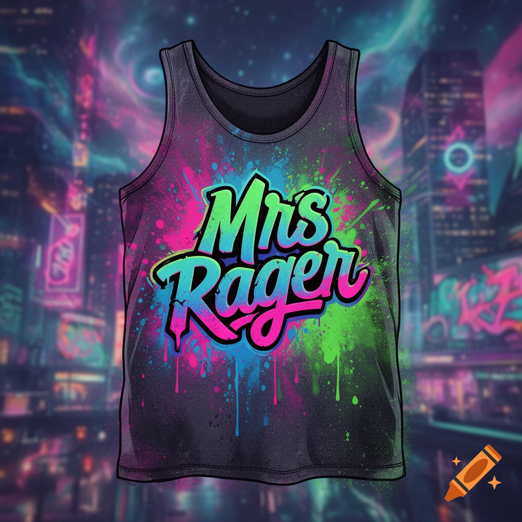 A dark grey tank top with neon green, blue, and pink paint splatters and 'Mrs Rager' in bold, colorful script, against a blurred cyberpunk city background.