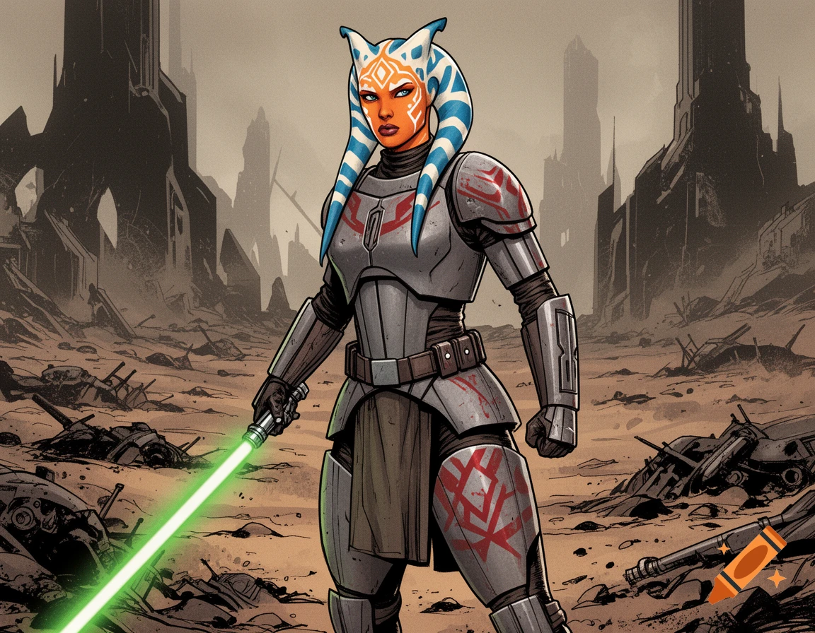 Togruta Jedi in grey Mandalorian armor with red markings, holding a green lightsaber on a desolate planet, in comic art style.