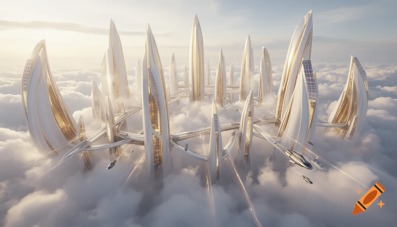 A majestic futuristic city with white and gold spires and sky-high roads hovers above a sea of clouds, with sleek flying vehicles.