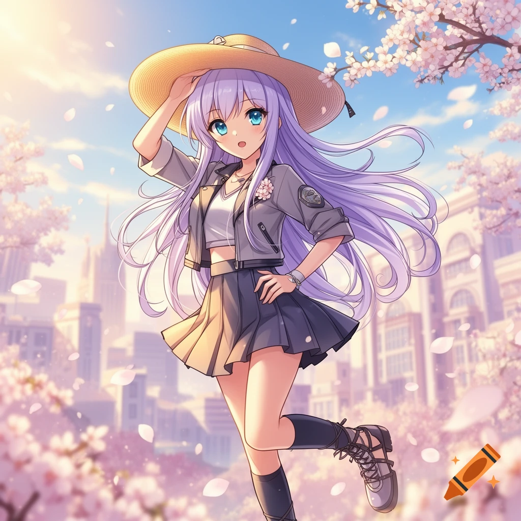 Anime girl with long purple hair and a straw hat posing among falling pink cherry blossoms in a bright city street.