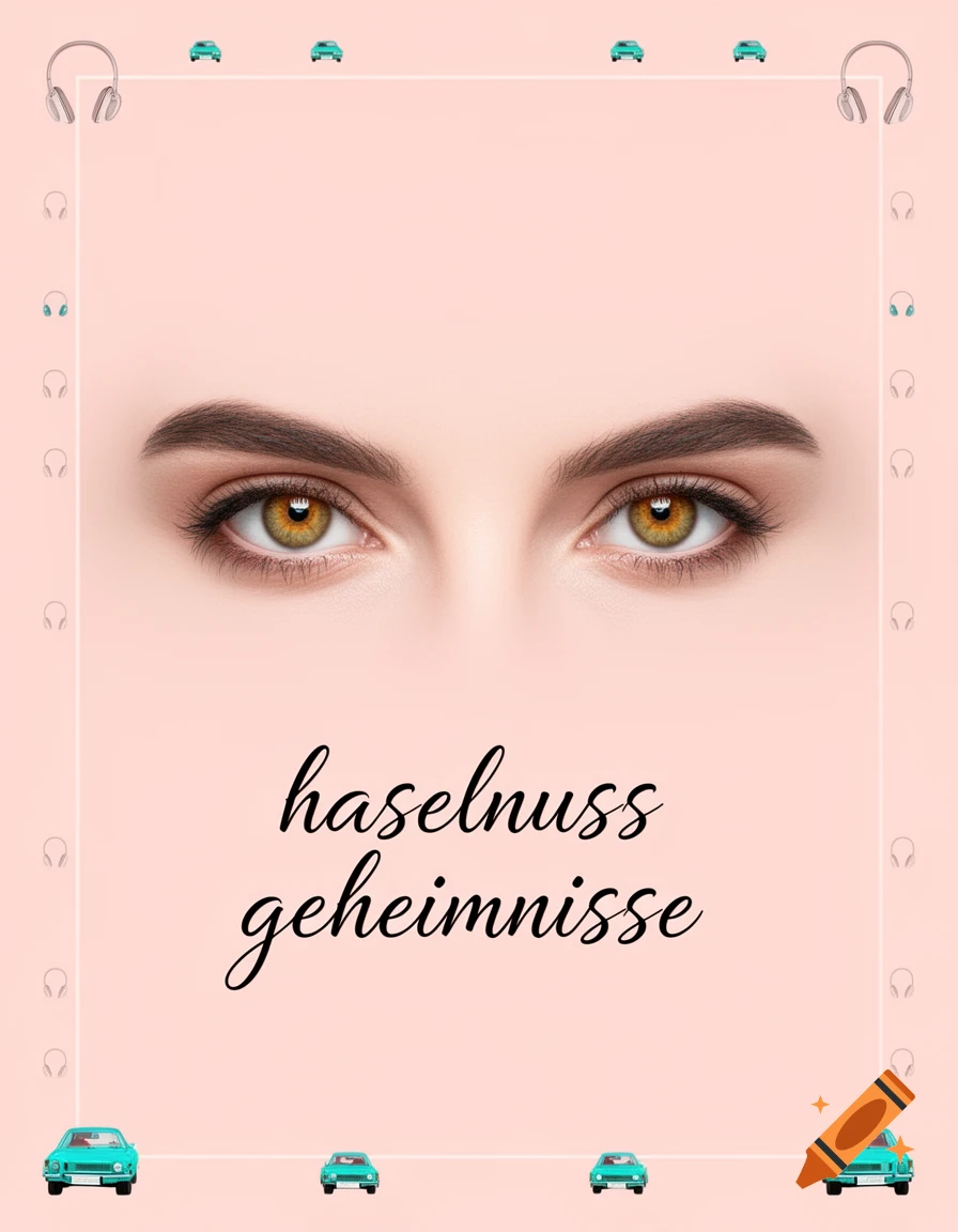 Minimalist book cover with hazelnut eyes, 'haselnuss geheimnisse' text, headphones, and turquoise cars on a pink background.