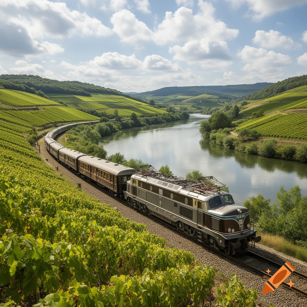 A vintage electric train with long passenger cars travels along a winding river through a valley covered in lush green vineyards under a partly cloudy sky.