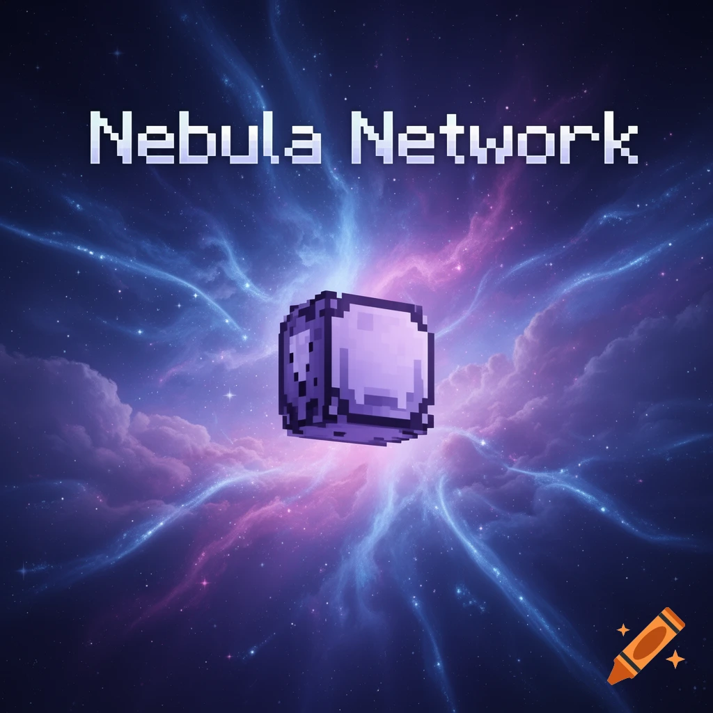 A pixelated purple cube floats in a vibrant blue and pink nebula, with the words "Nebula Network" in pixel font above it.